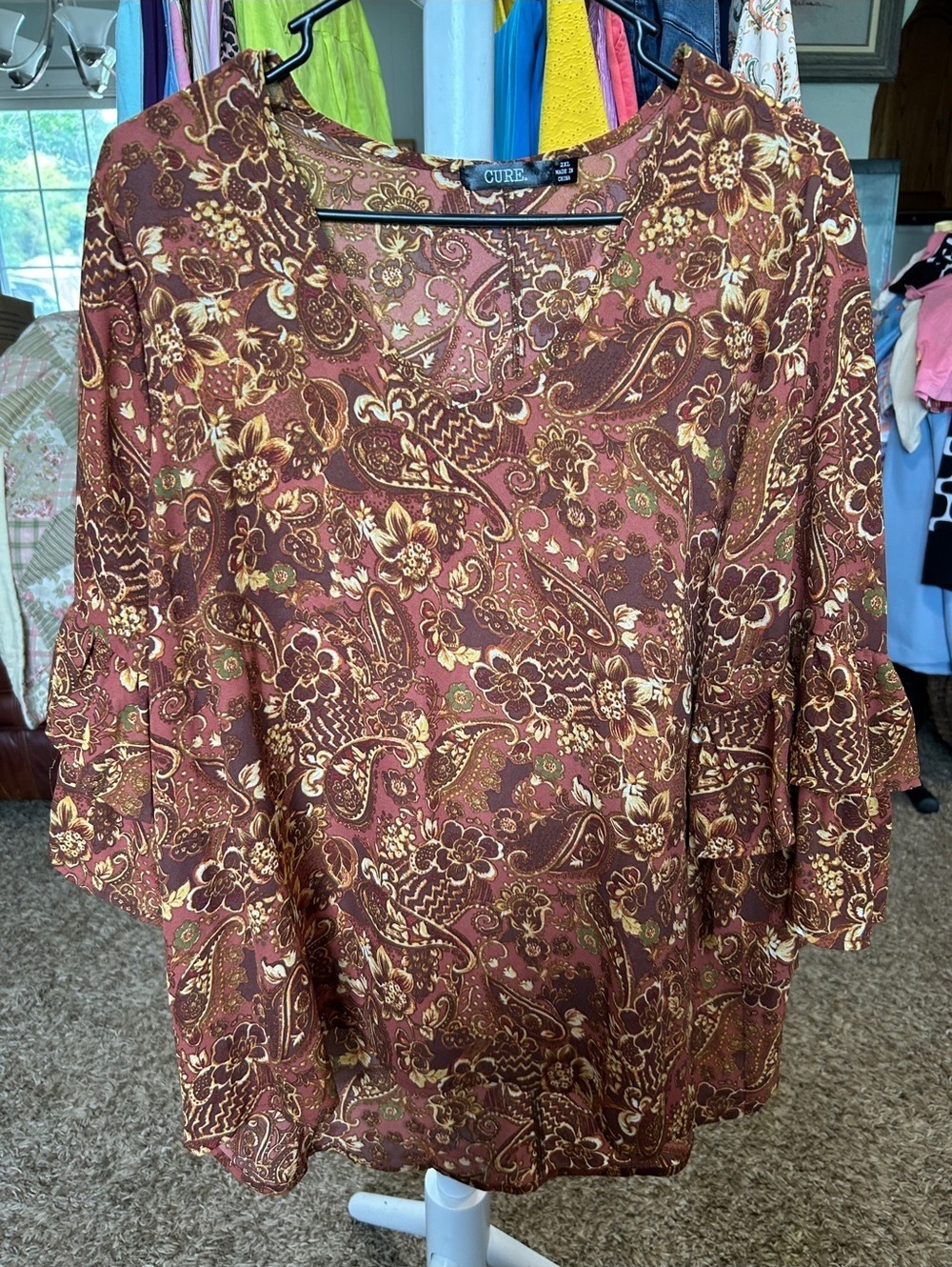 CURE 2XL Brown Paisley Floral Pattern Blouse